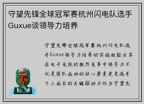 守望先锋全球冠军赛杭州闪电队选手Guxue谈领导力培养