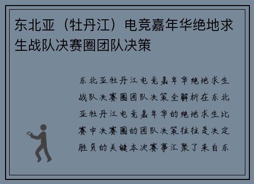 东北亚（牡丹江）电竞嘉年华绝地求生战队决赛圈团队决策